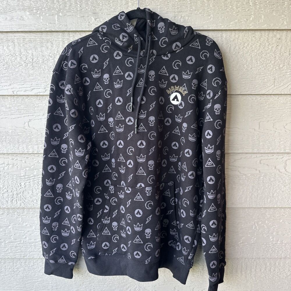 Airwalk Hoodie Pullover Y2K Skulls AOP Graphic Black Men’s L Grunge Streetwear